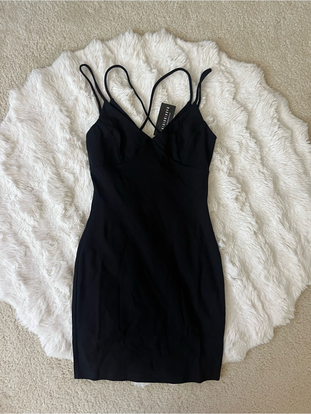 ✨ NWT Fashion Nova Black Strappy Criss Cross Back Bodycon Mini Dress | Small